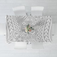 Personalized tablecloth, white with gray Polynesian motif and 'Your text' center panel