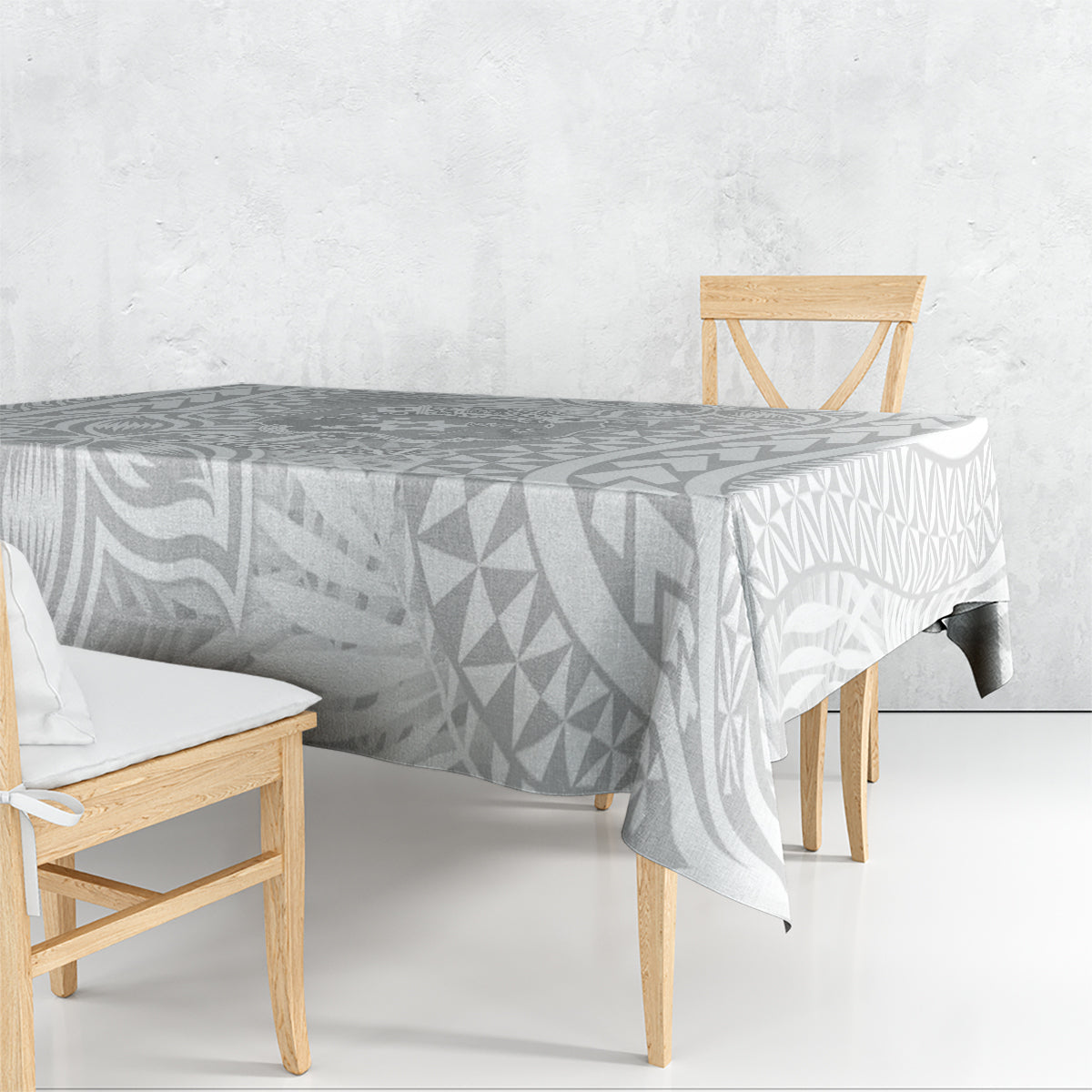 Rectangular tablecloth in white with gray tribal geometric and tropical leaf pattern