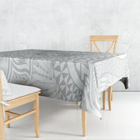 Rectangular tablecloth in white with gray tribal geometric and tropical leaf pattern
