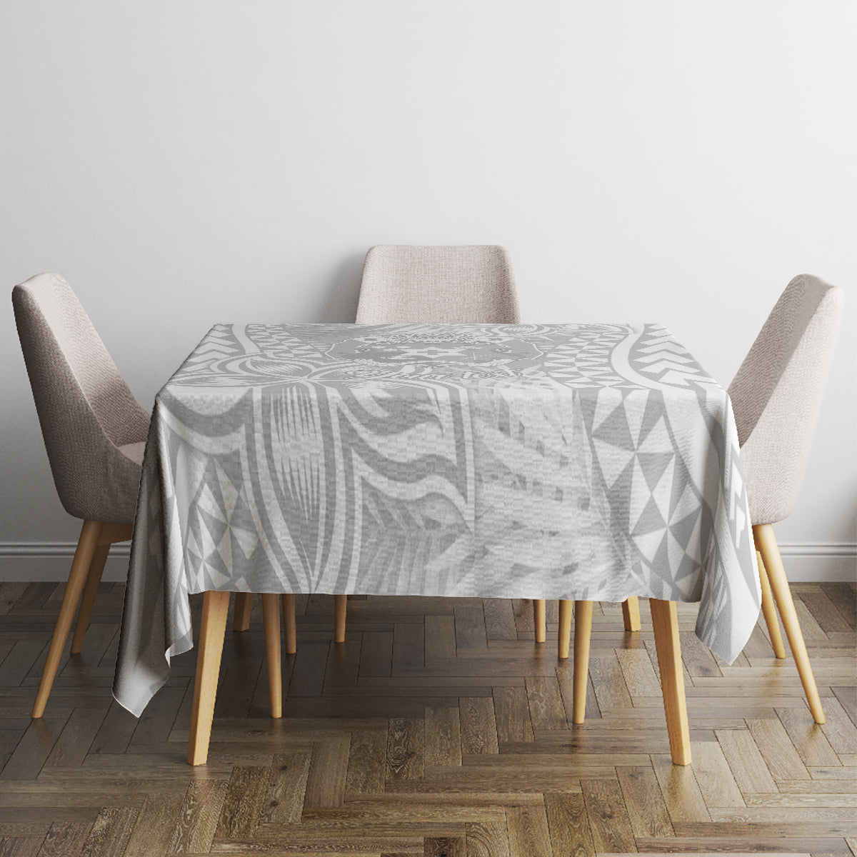 Tablecloth on dining table, white with gray Polynesian geometric and wavy motifs