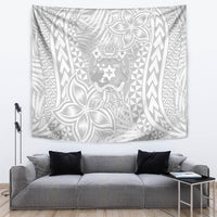 White personalized tapestry with Polynesian geometric stripes and tropical leaves, center crest