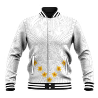 White baseball jacket with button front, striped cuffs and hem, tropical flower pocket print