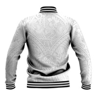White baseball jacket back view with gray tribal pattern, striped collar and hem bands