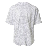 White baseball jersey back view with crown graphic and tribal leaf pattern