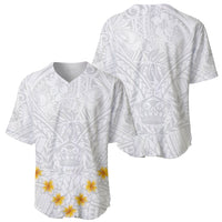 White baseball jersey showing front button-front V-neck and back tribal crown pattern