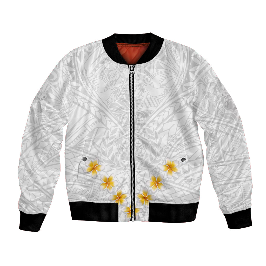 Unisex white bomber jacket with full-zip front, black ribbed cuffs, floral tribal print