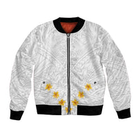 Unisex white bomber jacket with full-zip front, black ribbed cuffs, floral tribal print