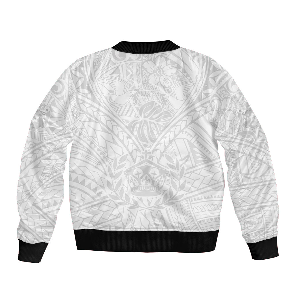 Unisex white bomber jacket back view with black ribbed hem and tribal pattern