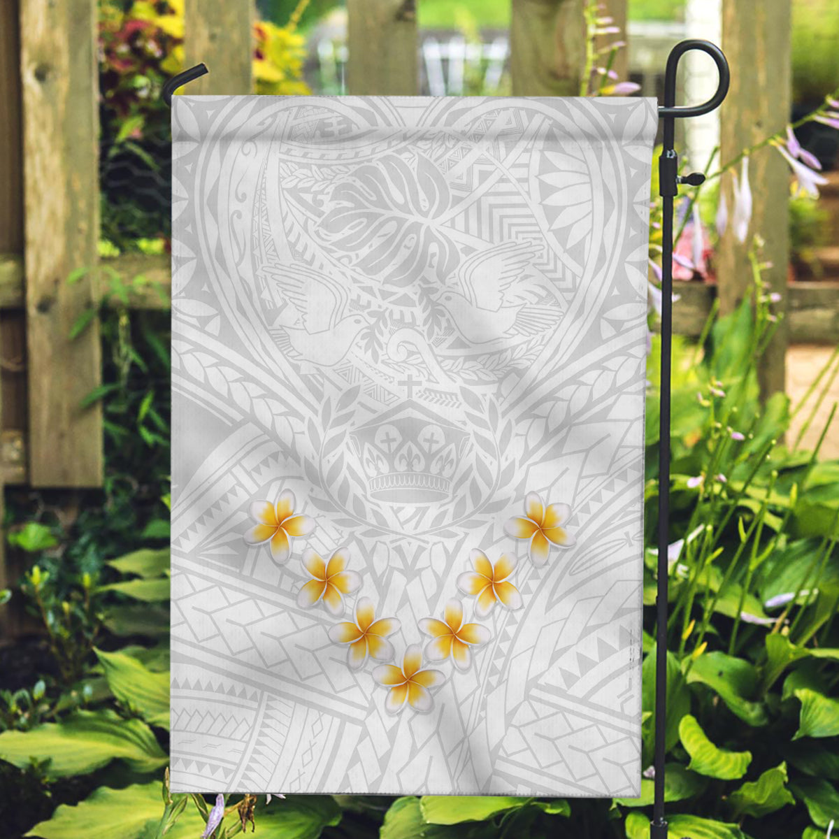 Tonga White Sunday Garden Flag Polynesian Plumeria Tribal Simple - Wonder Print Shop