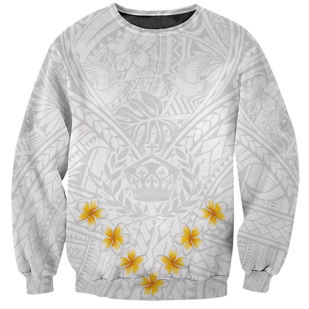White crewneck sweatshirt with gray Polynesian tribal print and yellow plumeria flowers