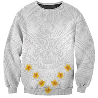 White crewneck sweatshirt with gray Polynesian tribal print and yellow plumeria flowers