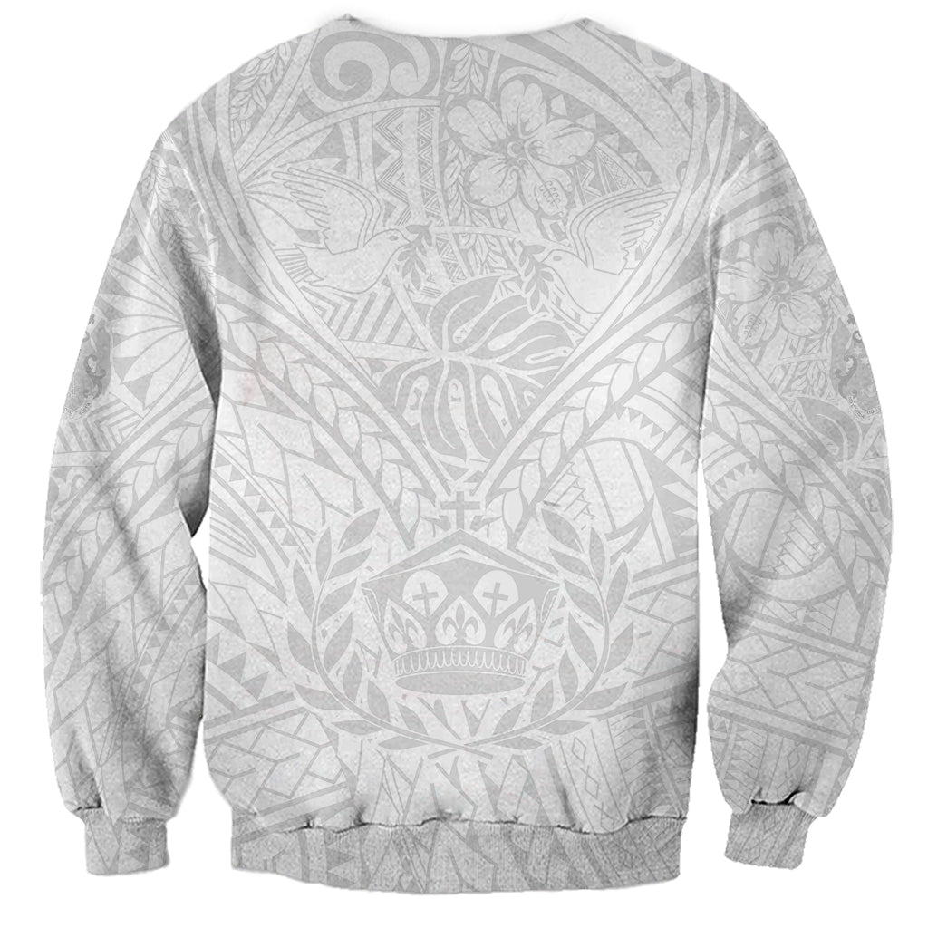 White crewneck sweatshirt with gray Polynesian tribal print, back view