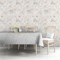 White and gray geometric tablecloth draped on rectangular table