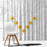 White window curtain panel with gray abstract motifs and yellow plumeria prints