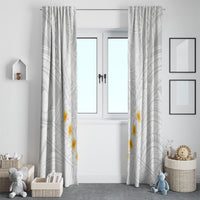 White window curtain set with gray tribal pattern and small yellow plumeria accents