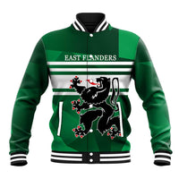 Green baseball jacket with striped collar, cuffs, and front graphic print
