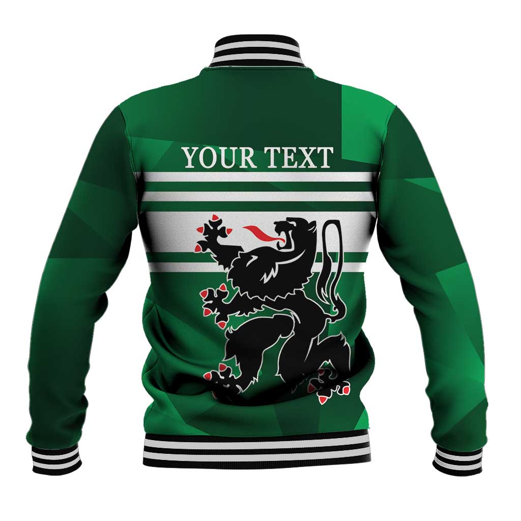 Green baseball jacket with striped ribbed collar and back graphic with text