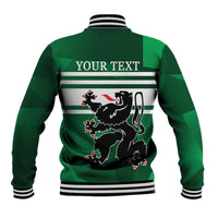 Green baseball jacket with striped ribbed collar and back graphic with text