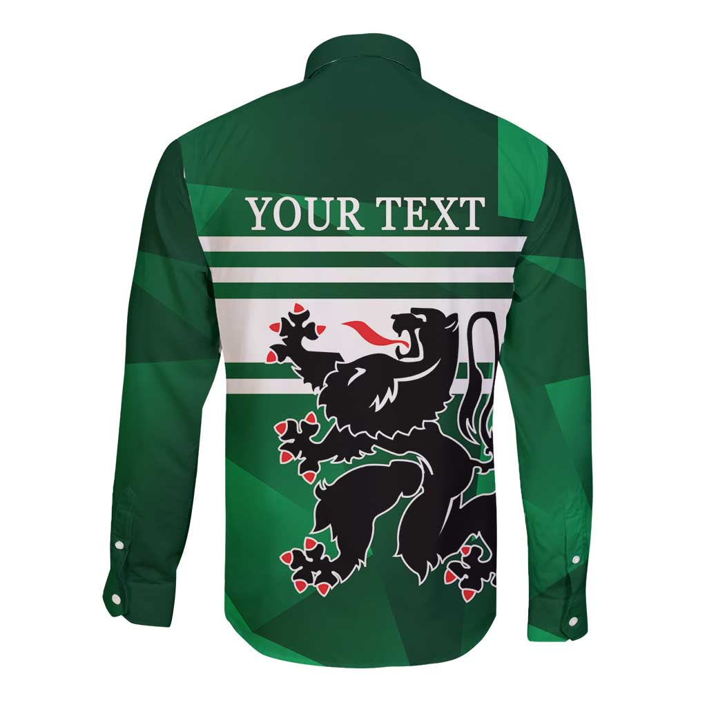 Green long-sleeve button shirt with back text "YOUR TEXT" and lion graphic