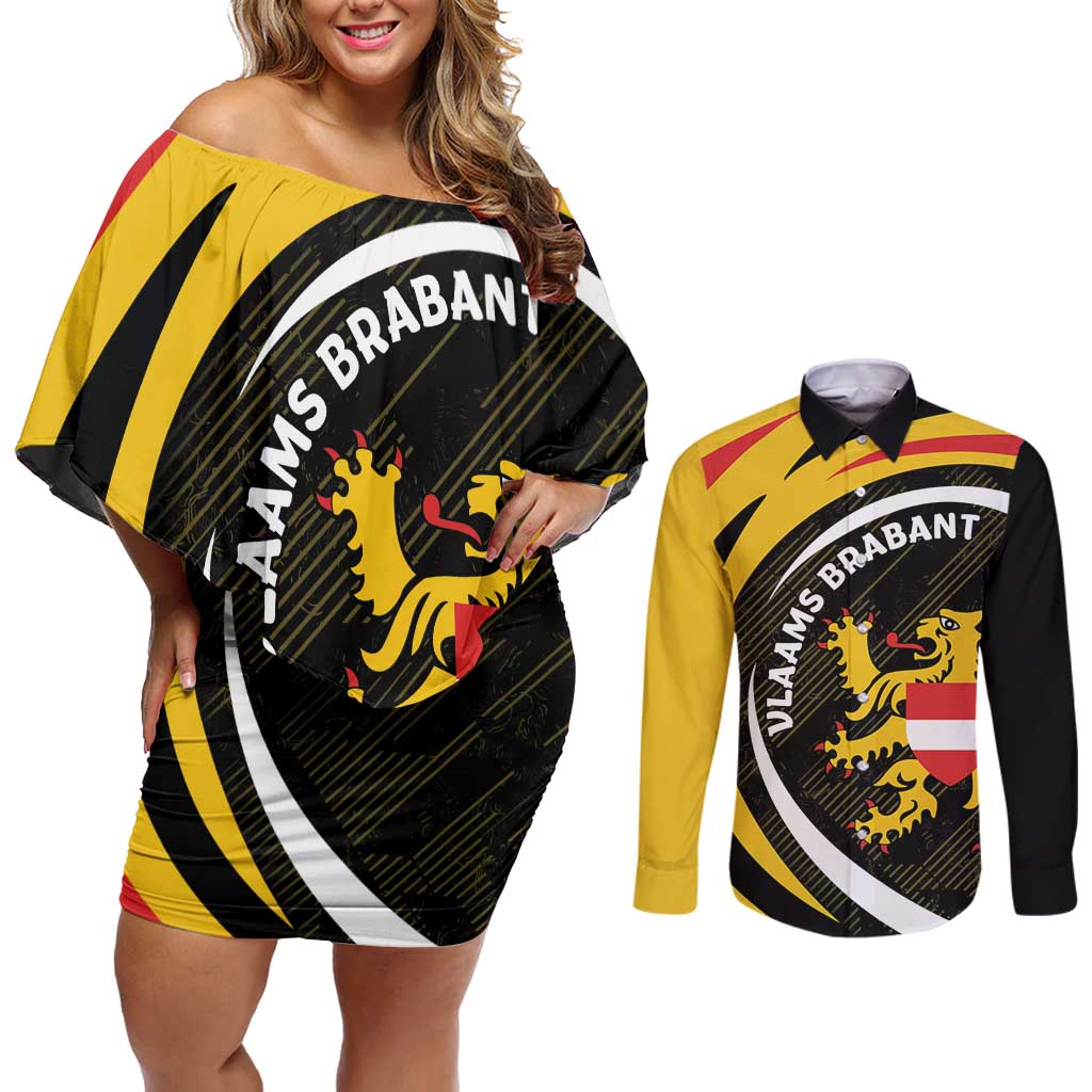 Personalized Belgium Flemish Brabant Couples Matching Off Shoulder Short Dress and Long Sleeve Button Shirt