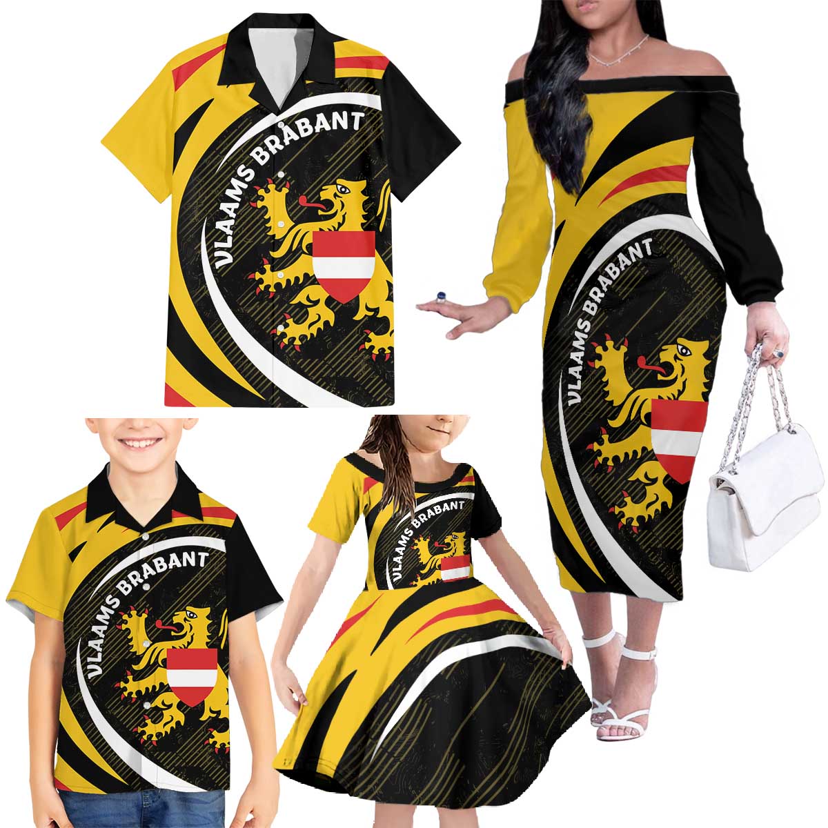 Personalized Belgium Flemish Brabant Family Matching Off The Shoulder Long Sleeve Dress and Hawaiian Shirt