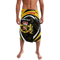 Black, gold and white patterned knee-length wrap sarong with crest emblem