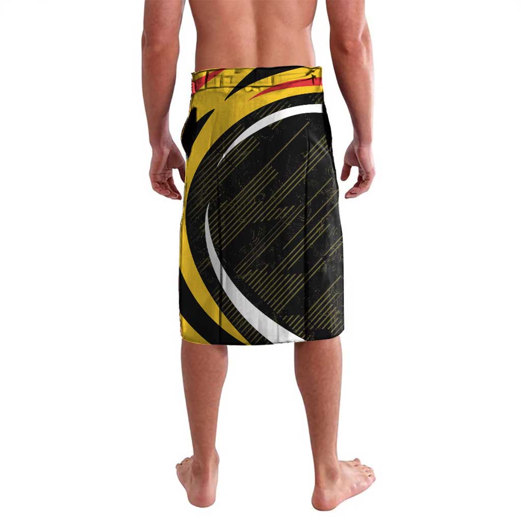 Black, gold and white patterned knee-length wrap sarong with side drape