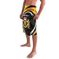 Black, gold and white patterned knee-length wrap sarong with crest emblem detail