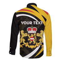 Gold and black long-sleeve button shirt, back shows YOUR TEXT and crest
