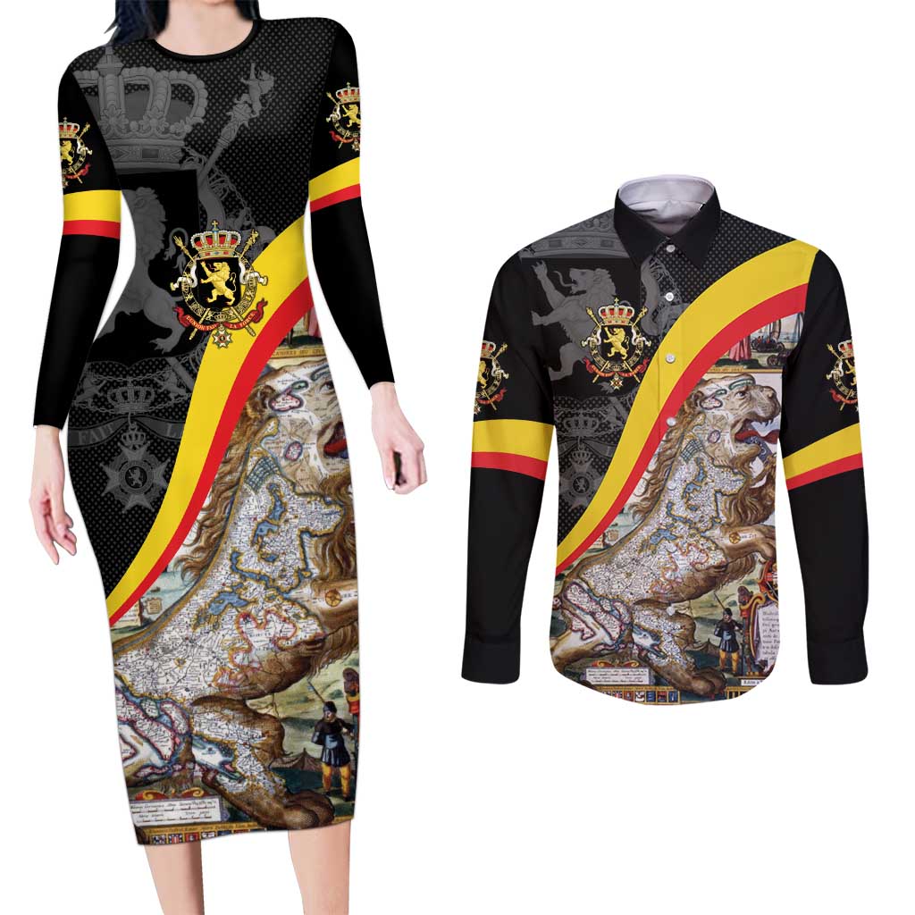 Belgium Leo Belgicus Couples Matching Long Sleeve Bodycon Dress and Long Sleeve Button Shirt