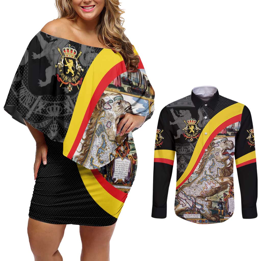 Belgium Leo Belgicus Couples Matching Off Shoulder Short Dress and Long Sleeve Button Shirt