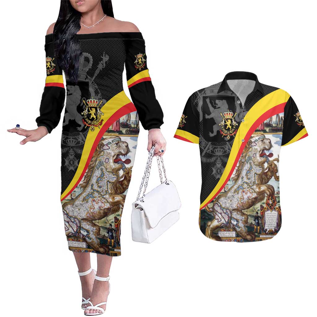 Belgium Leo Belgicus Couples Matching Off The Shoulder Long Sleeve Dress and Hawaiian Shirt