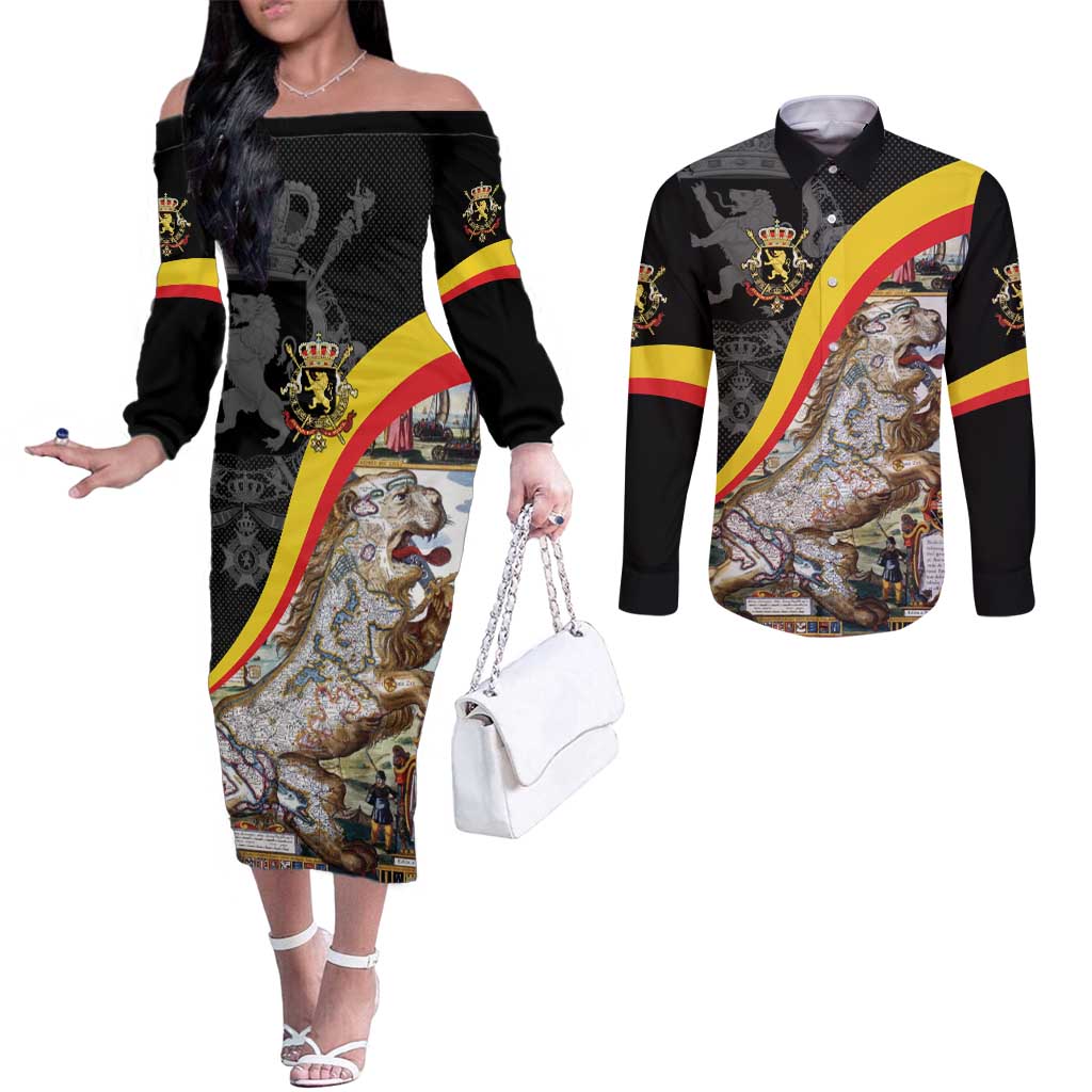 Belgium Leo Belgicus Couples Matching Off The Shoulder Long Sleeve Dress and Long Sleeve Button Shirt