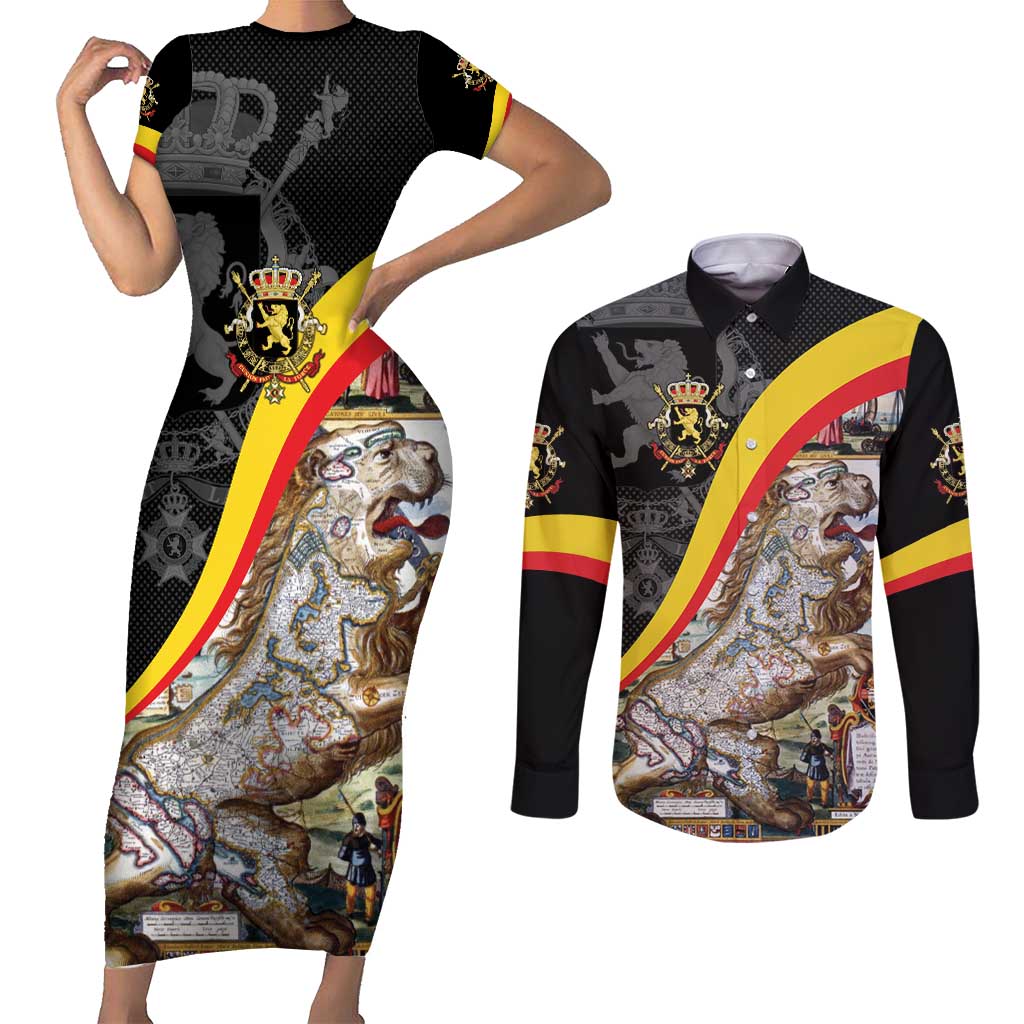 Belgium Leo Belgicus Couples Matching Short Sleeve Bodycon Dress and Long Sleeve Button Shirt