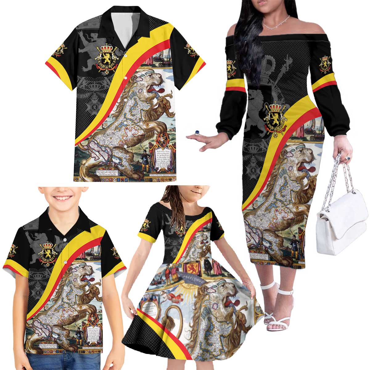 Belgium Leo Belgicus Family Matching Off The Shoulder Long Sleeve Dress and Hawaiian Shirt