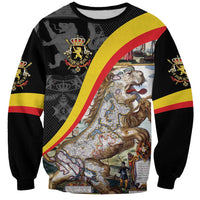 Black crewneck sweatshirt with Belgium lion map graphic and red-yellow diagonal stripe
