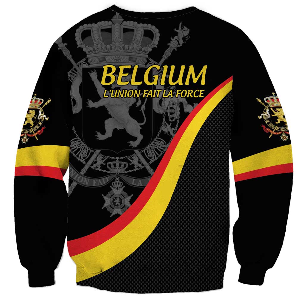 Black crewneck sweatshirt with BELGIUM text, lion crest, and red-yellow diagonal flag stripe