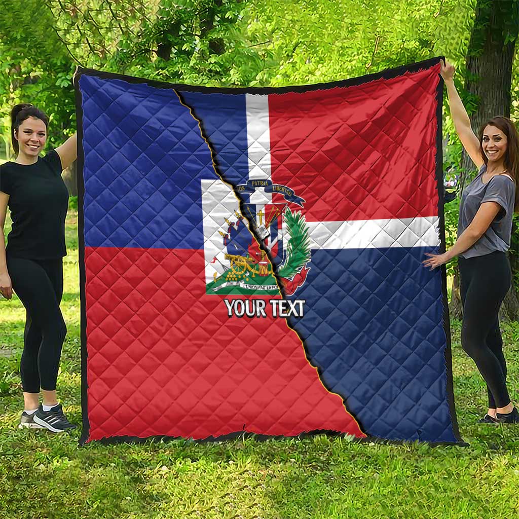 Personalized quilt featuring a Dominican and Haiti flag split, red blue white quilted texture, YOUR TEXT