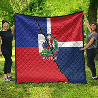 Personalized quilt featuring a Dominican and Haiti flag split, red blue white quilted texture, YOUR TEXT