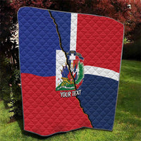 Personalized quilt with Dominican and Haiti flag design, red blue white diamond stitching, crest, YOUR TEXT