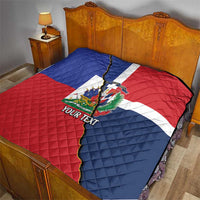 Personalized quilt with Dominican and Haiti flag artwork, red blue white panels, crest and YOUR TEXT