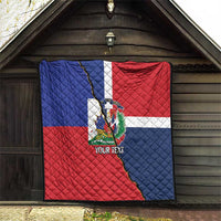 Personalized quilt showing Dominican and Haiti flag colors, red blue white sections, central crest, YOUR TEXT