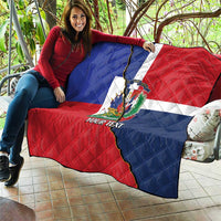 Personalized quilt with Dominican and Haiti flag design, bold red blue white quilting, crest logo, YOUR TEXT