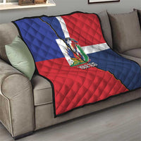 Personalized quilt draped design with Dominican and Haiti flag colors, red blue white stitching, YOUR TEXT