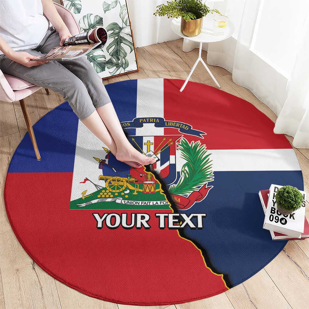 Round Dominican-Haiti flag carpet, angled view with YOUR TEXT across center