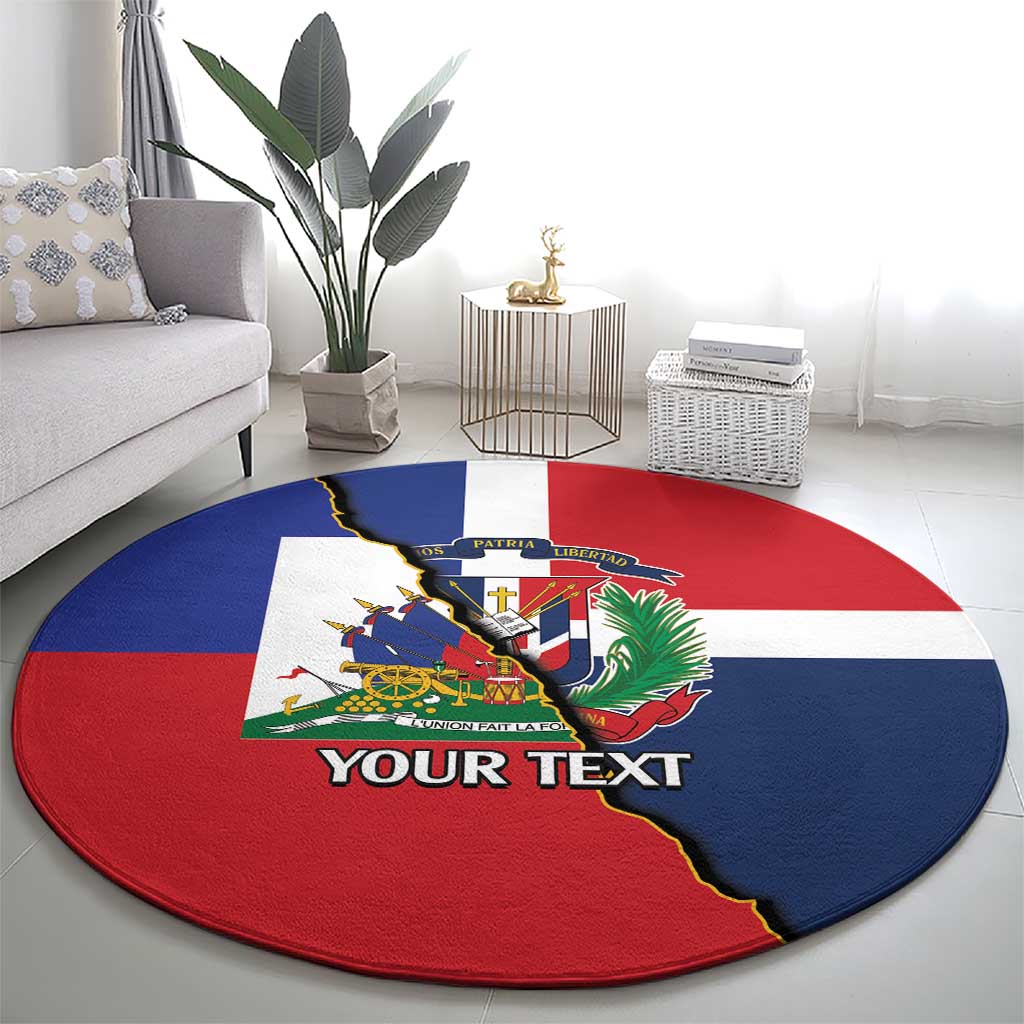 Round Dominican-Haiti flag carpet with YOUR TEXT across center, wide view