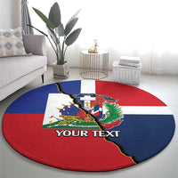 Round Dominican-Haiti flag carpet with YOUR TEXT across center, wide view