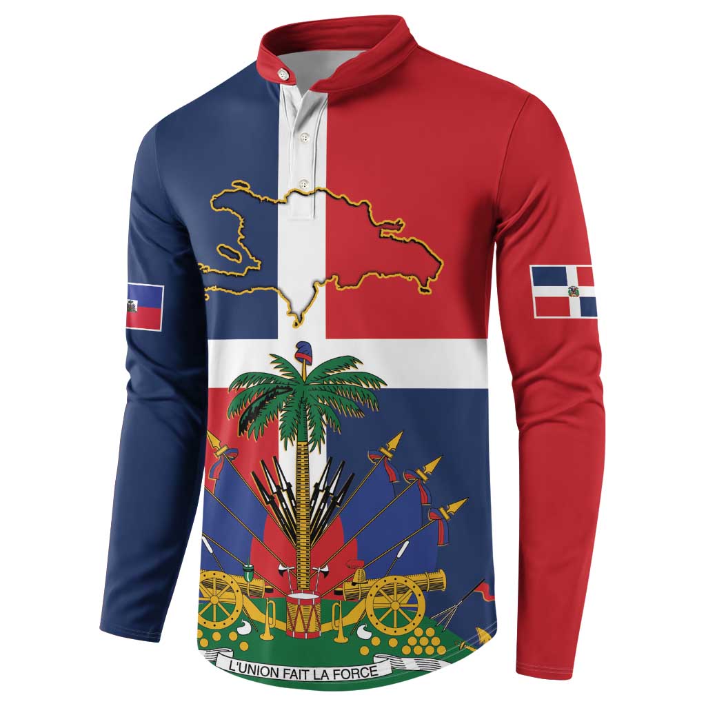 Hispaniola Map Button Sweatshirt Dominican Republic Haiti Flag Together