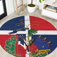 Round rug with Dominican Republic–Haiti flag map design, blue, red, and white