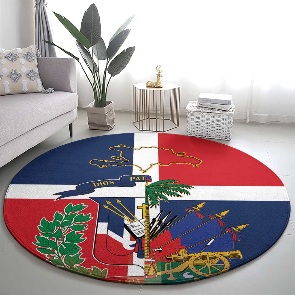 Round rug featuring Dominican Republic–Haiti flag map graphics with coat of arms